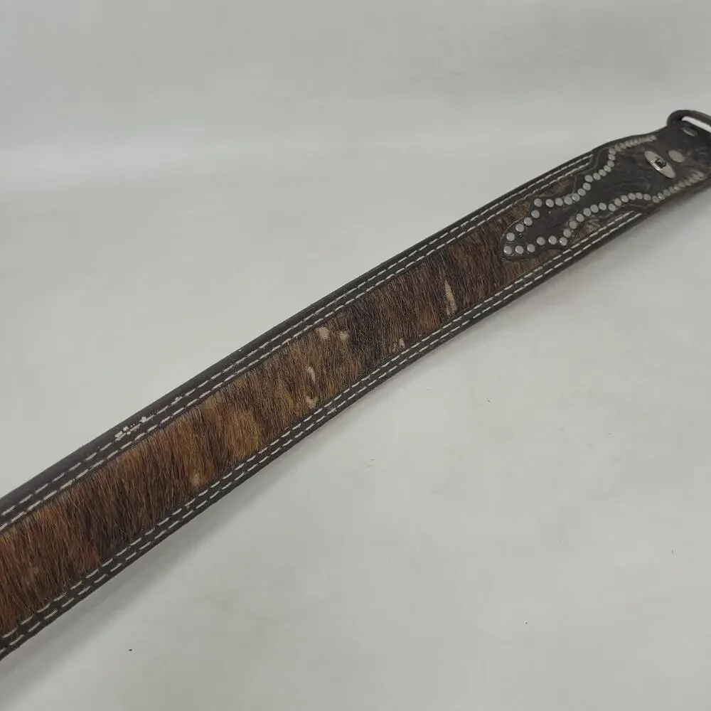Larry Mahan Belt 36 Brown Leather‎ Cow Hair Studded Tooled Western Cowboy Rodeo